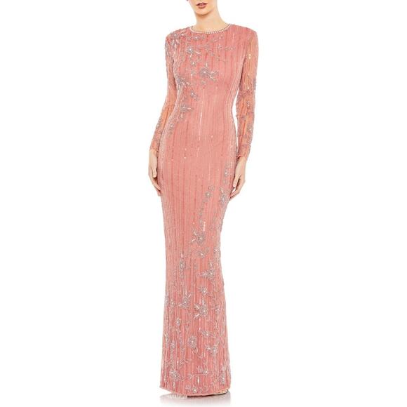 Mac Duggal Rose Pink Sheer Long Sleeve Beaded Formal Gown Size 12 - Picture 1 of 6